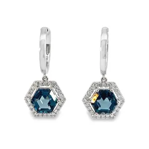 10K White Gold London Blue Topaz Hexagon Halo Dangle Huggies