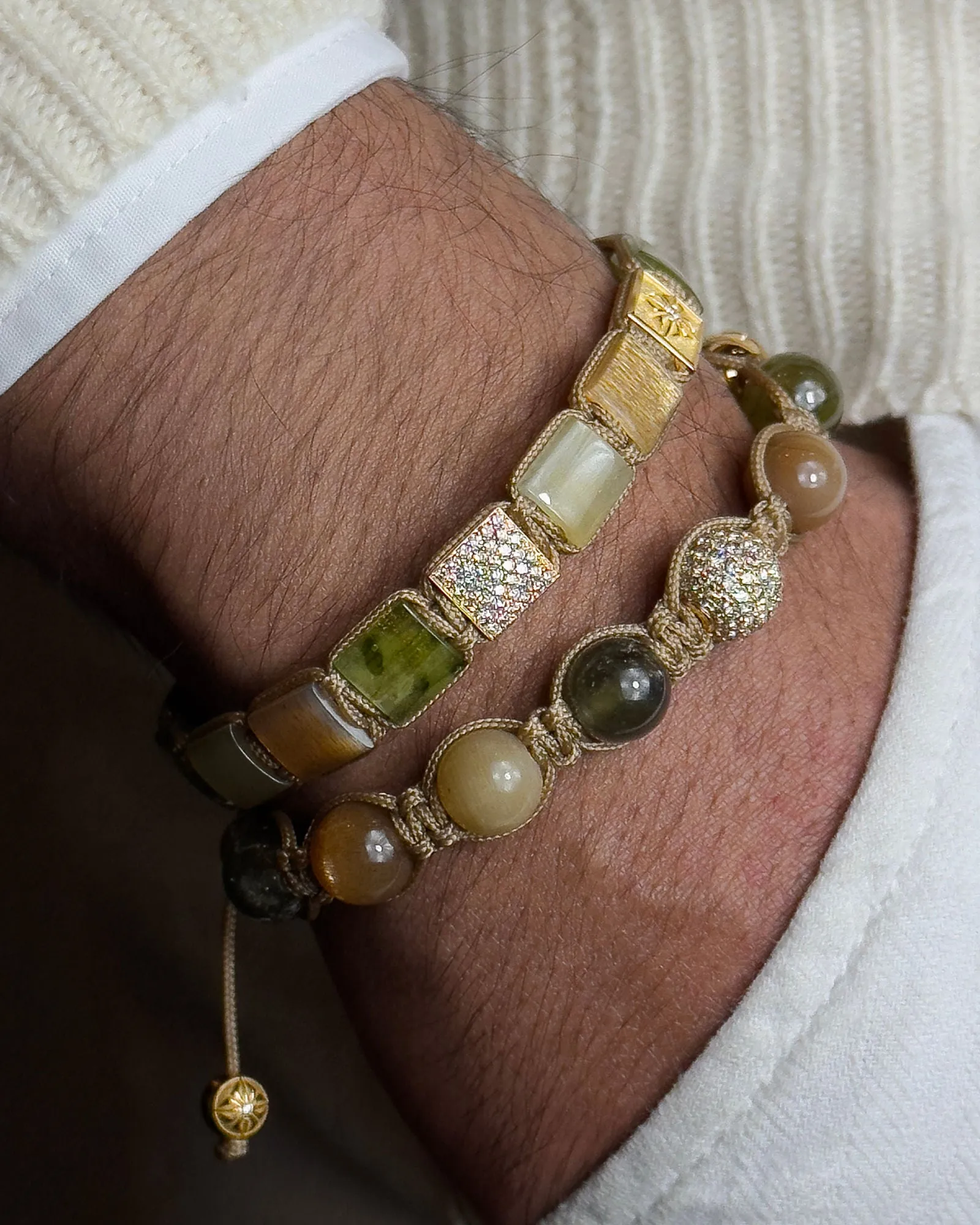 10mm Braided 18K Gold Bracelet w. Moonstone, Sapphire & Diamondss