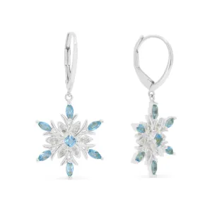 14K White Gold Blue Topaz & Diamond Snowflake Dangle Earrings
