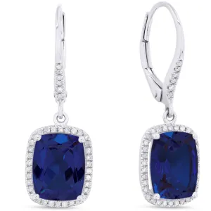 14K White Gold Cushion Created Blue Sapphire and Diamond Halo Dangle Earrings