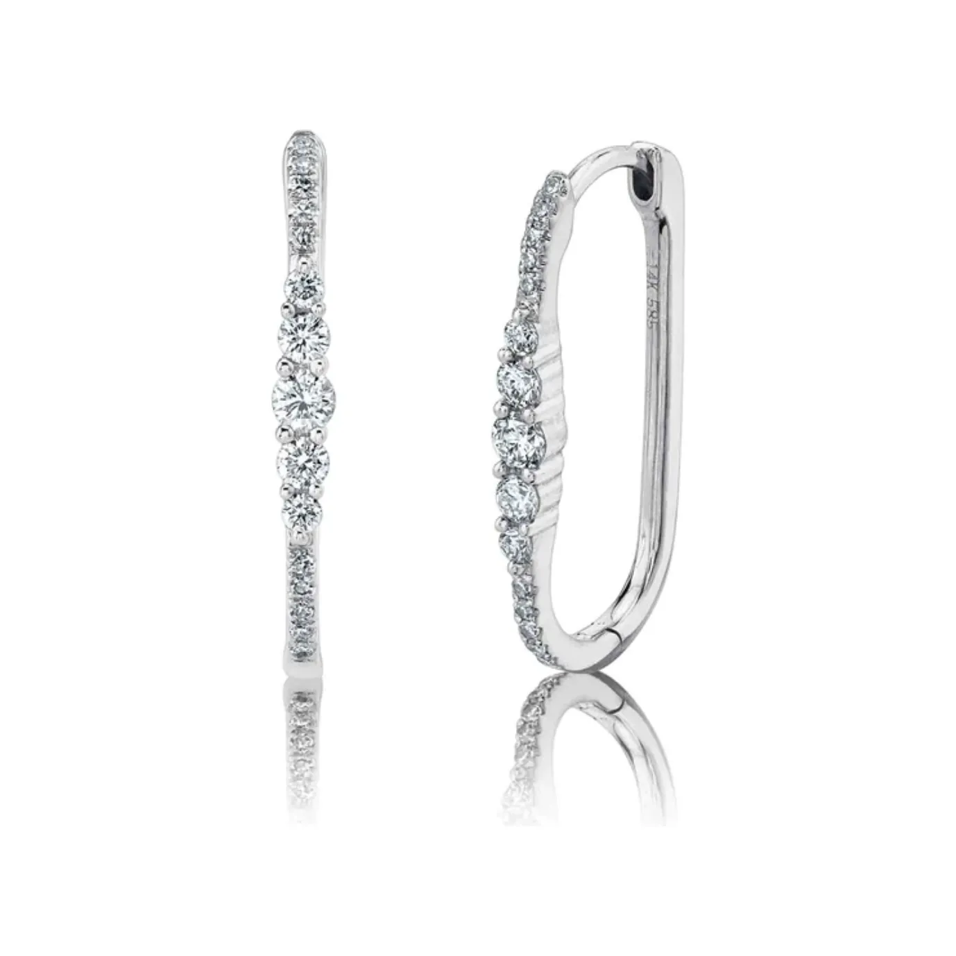 14K White Gold Diamond Oval Hoop Earrings