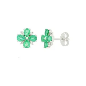 14K White Gold Emerald & Diamond Floral Studs