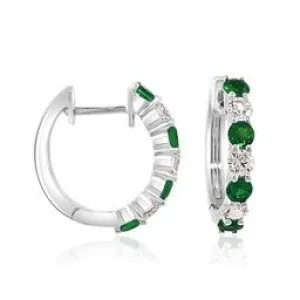 14K White Gold Emerald & Diamond Hoops