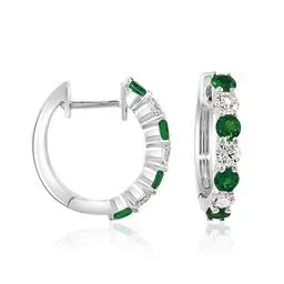14K White Gold Emerald & Diamond Hoops