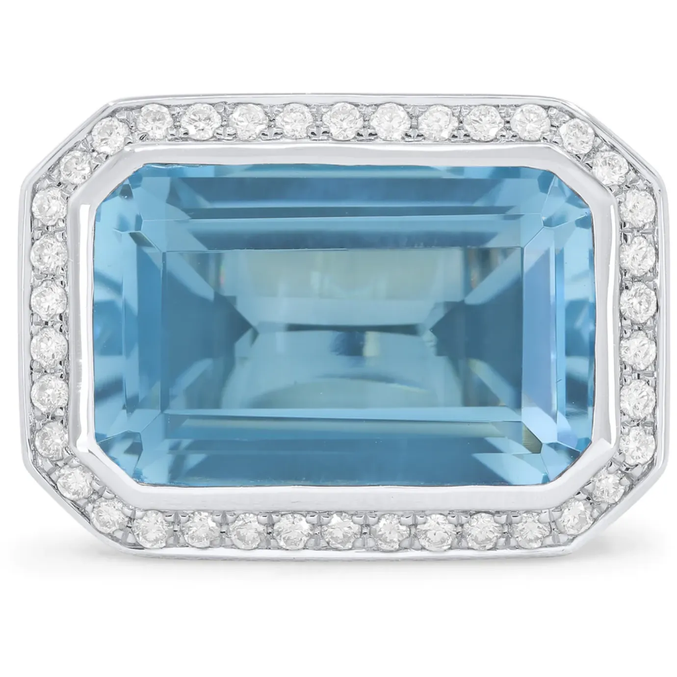 14K White Gold Large Step Cut Blue Topaz and Diamond Halo Ring
