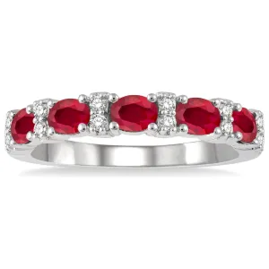 14K White Gold Oval  Ruby and Diamond Band