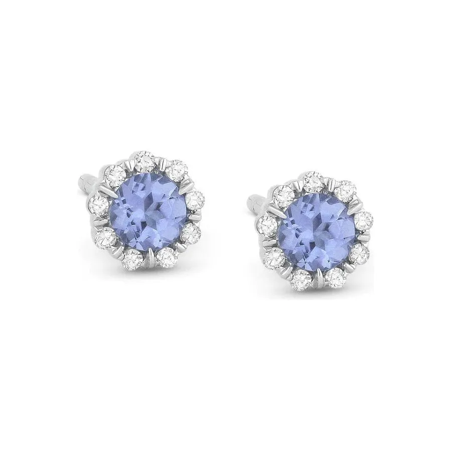 14K White Gold Small Birthstone Diamond Halo Studs