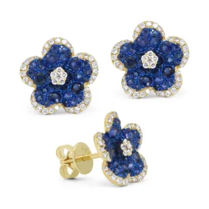 14K Yellow Gold Blue Sapphire Flower Studs