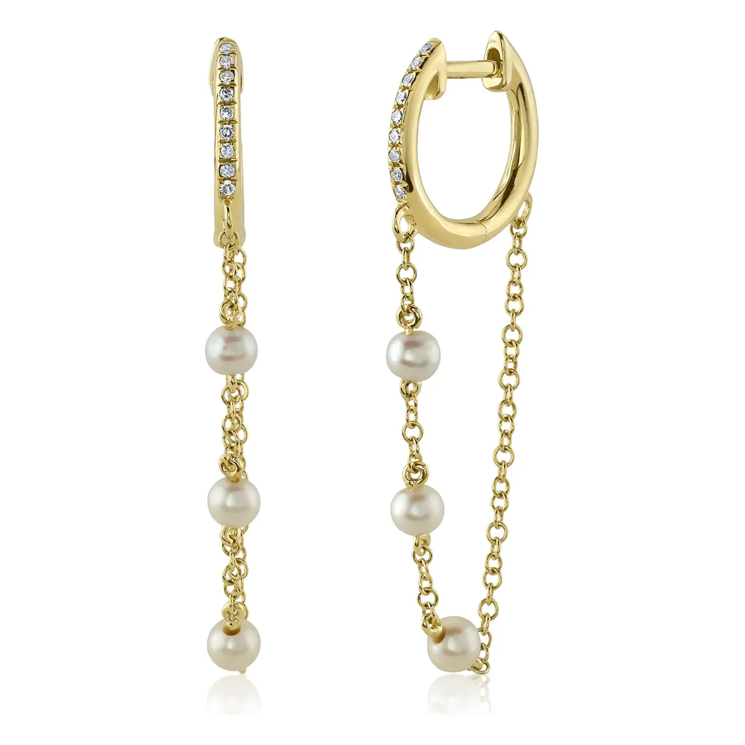 14K Yellow Gold Diamond & Pearl Chain Huggie Earrings