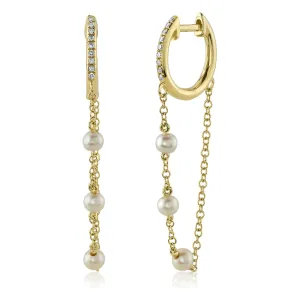 14K Yellow Gold Diamond & Pearl Chain Huggie Earrings