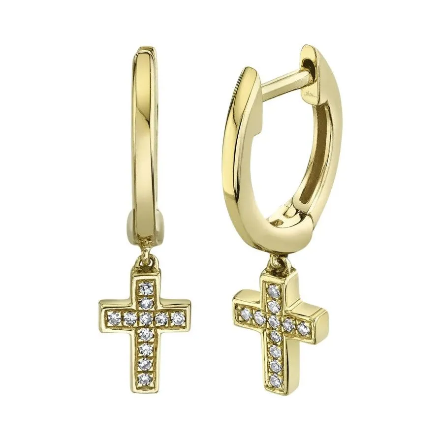 14K Yellow Gold Diamond Cross Dangle Huggie Earrings