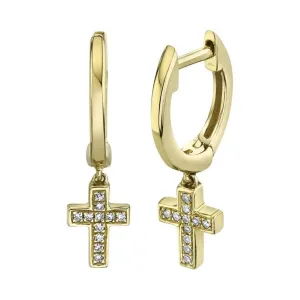 14K Yellow Gold Diamond Cross Dangle Huggie Earrings