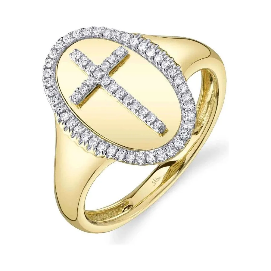 14K Yellow Gold Diamond Cross Signet Band
