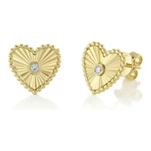 14K Yellow Gold Diamond Fluted Heart Studs