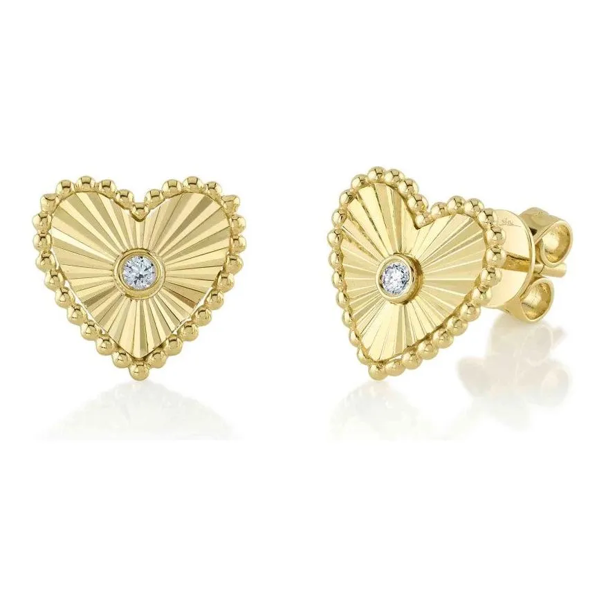 14K Yellow Gold Diamond Fluted Heart Studs