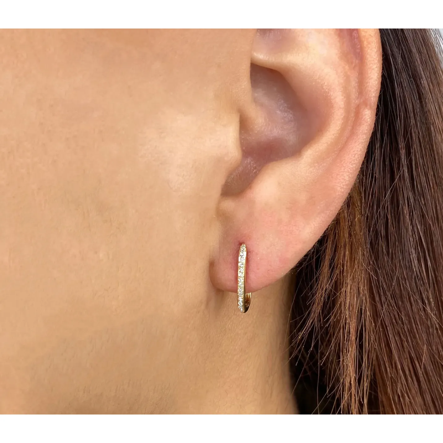 14K Yellow Gold Diamond Oval Huggie Earrings