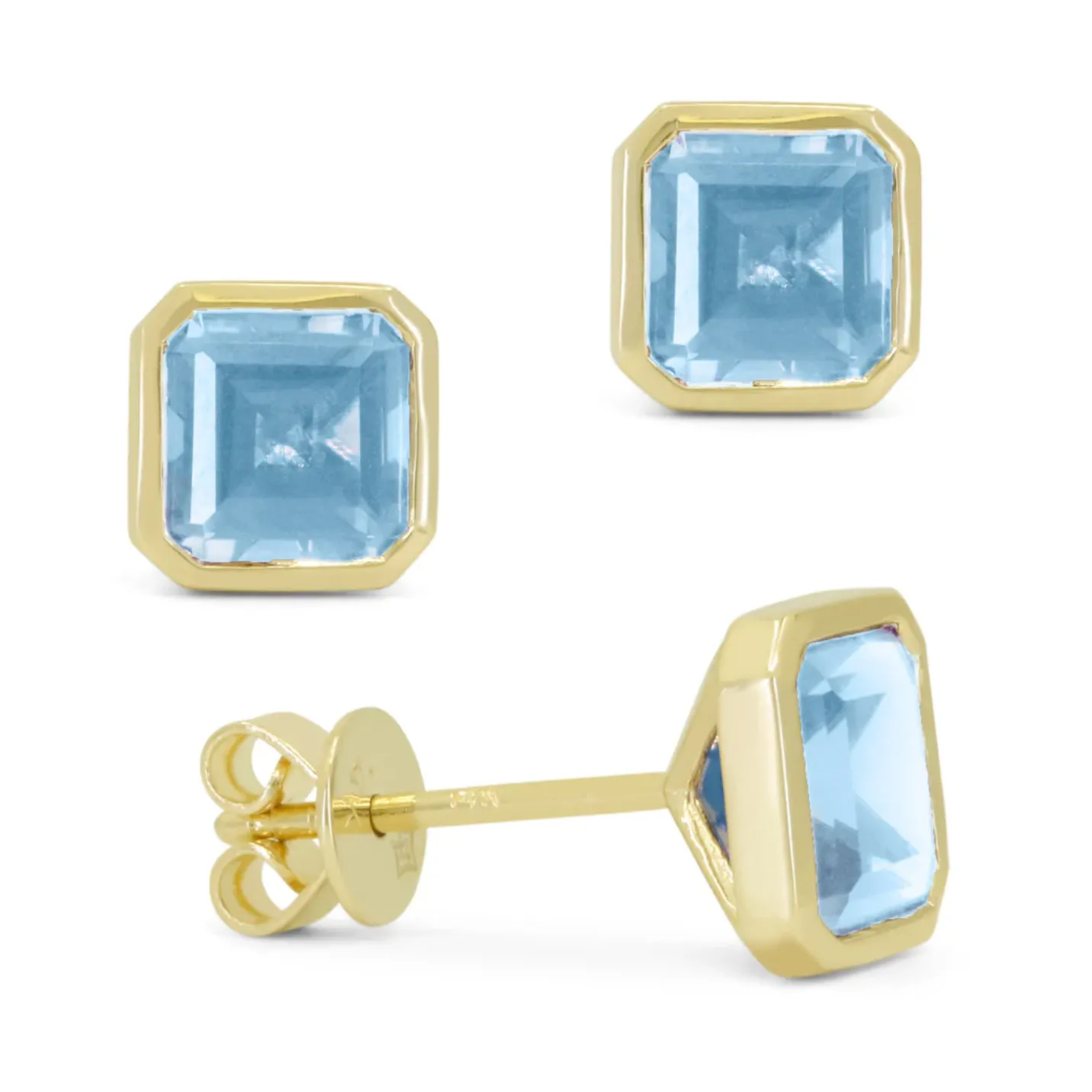 14K Yellow Gold Gemstone Bezel Asscher Cut Stud Earrings