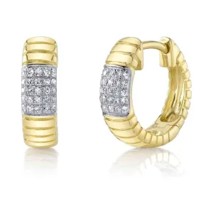 14K Yellow Gold Pave Diamond Station Fluted Huggie Earrings