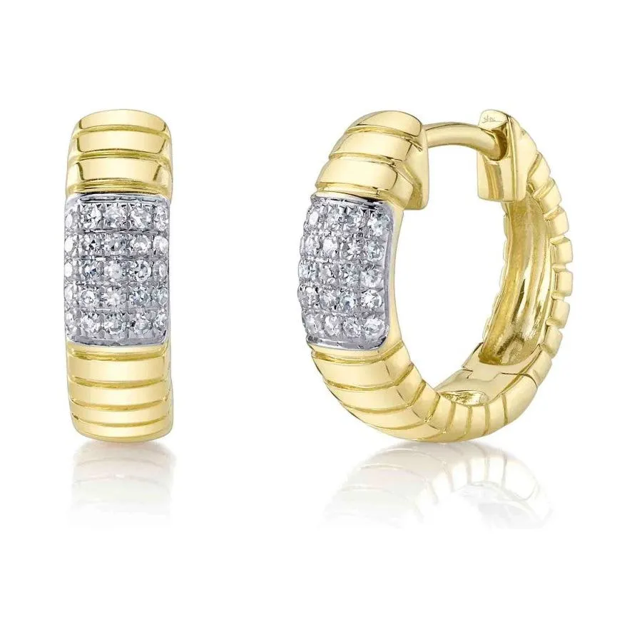 14K Yellow Gold Pave Diamond Station Fluted Huggie Earrings