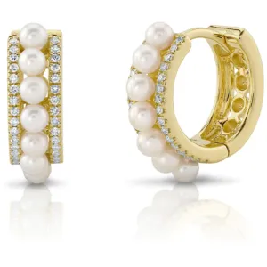 14K Yellow Gold Pearl and Diamond Huggies