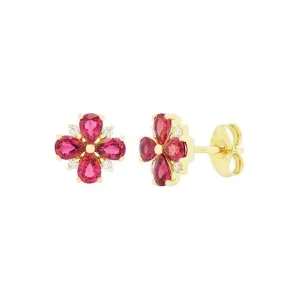 14K Yellow Gold Ruby & Diamond Floral Studs