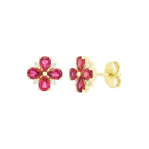 14K Yellow Gold Ruby & Diamond Floral Studs