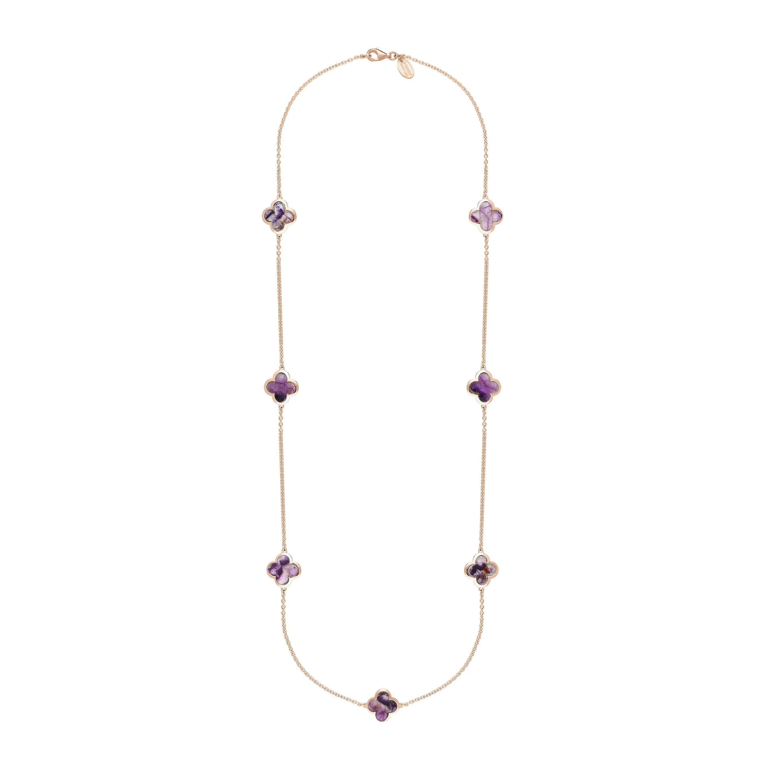 18ct Rose Gold Blue John bloom Four Leaf Clover Long Necklace