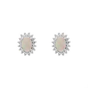 18ct White and Yellow Gold Opal Diamond Oval Cluster Stud Earrings