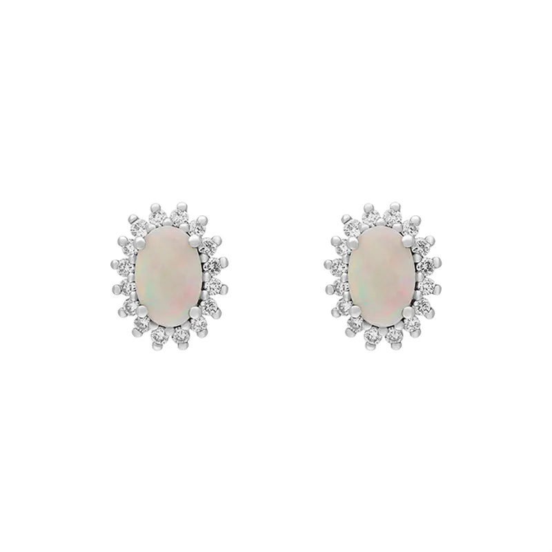 18ct White and Yellow Gold Opal Diamond Oval Cluster Stud Earrings
