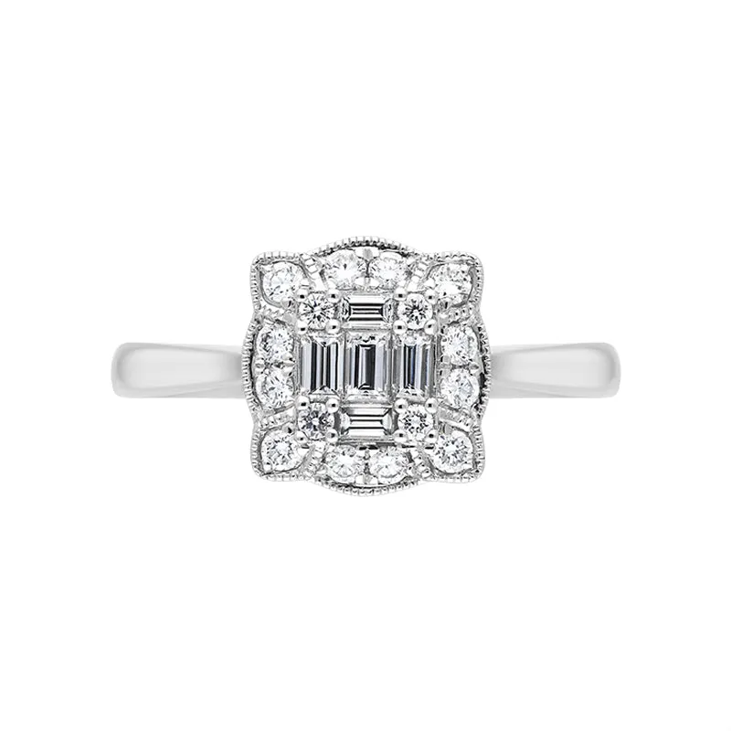 18ct White Gold 0.45ct Diamond Baguette Cut Vintage Style Cluster Ring
