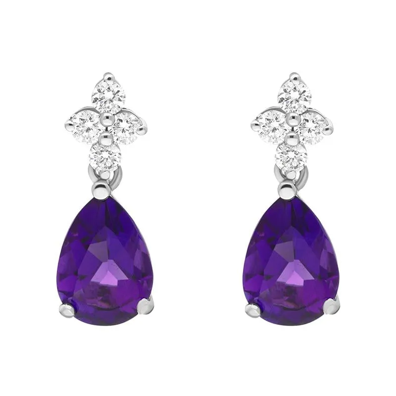 18ct White Gold Amethyst Diamond Pear Drop Earrings