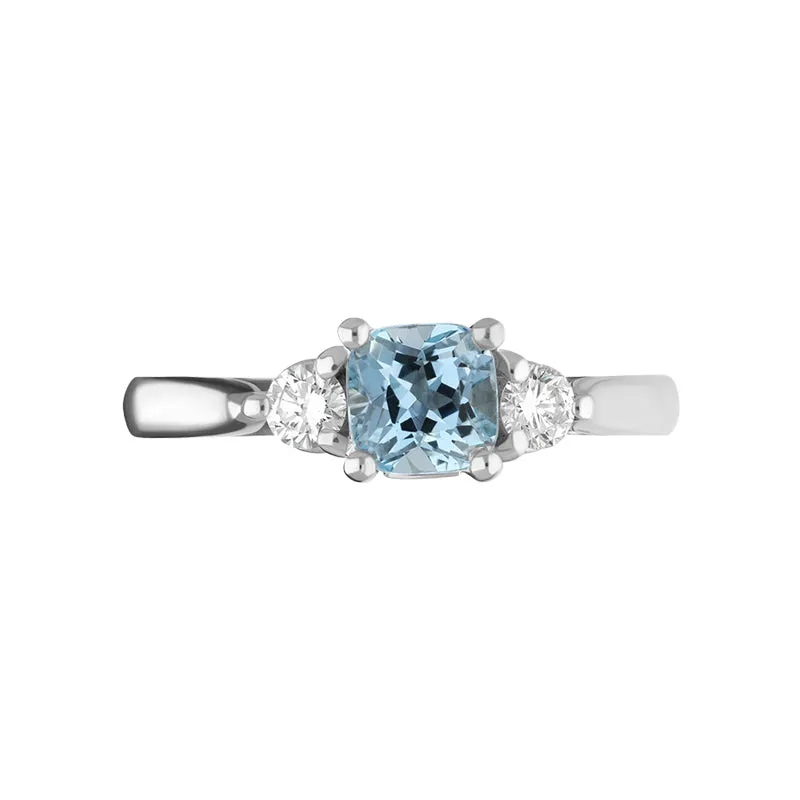 18ct White Gold Aquamarine Diamond Cushion Cut Three Stone Ring