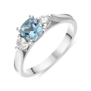 18ct White Gold Aquamarine Diamond Cushion Cut Three Stone Ring