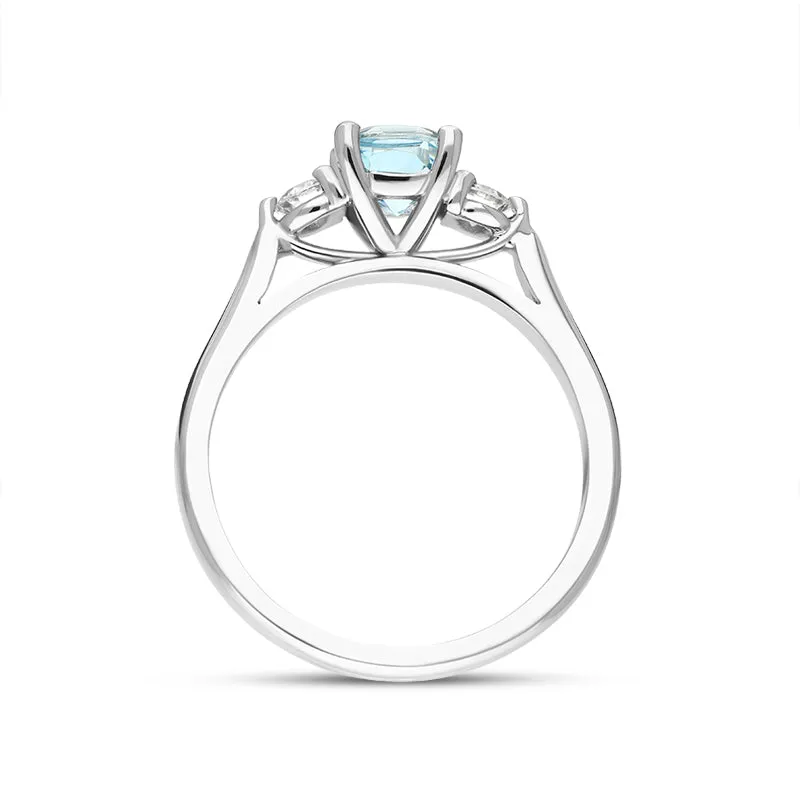 18ct White Gold Aquamarine Diamond Cushion Cut Three Stone Ring