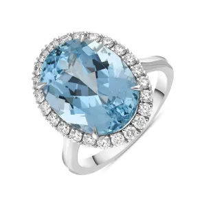 18ct White Gold Aquamarine Diamond Oval Cluster Statement Ring