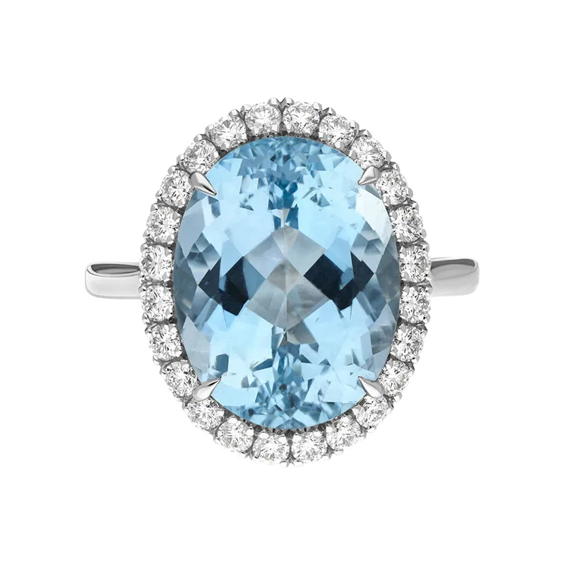 18ct White Gold Aquamarine Diamond Oval Cluster Statement Ring