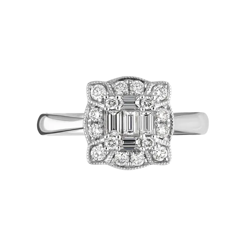 18ct White Gold Diamond Baguette Round Brilliant Cut Cluster Ring