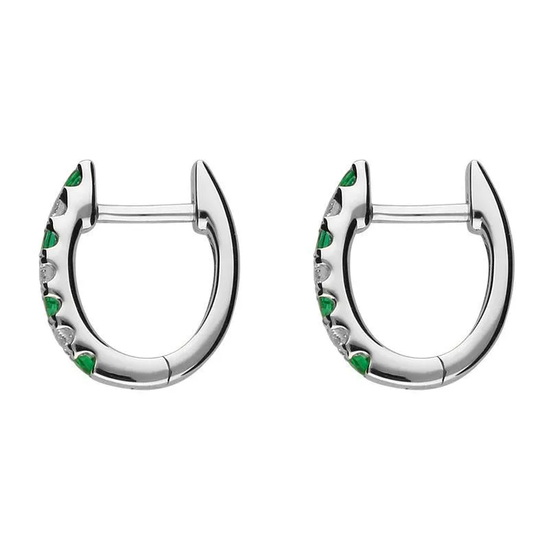 18ct White Gold Emerald and Diamond Huggie Hoop Earrings