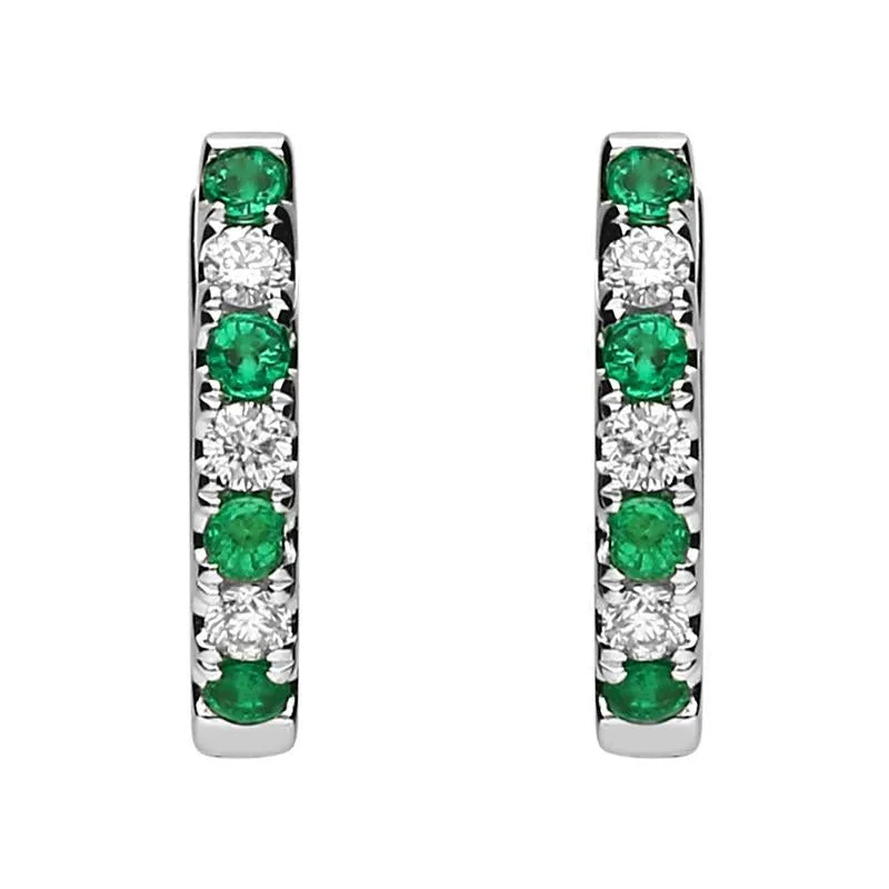 18ct White Gold Emerald and Diamond Huggie Hoop Earrings