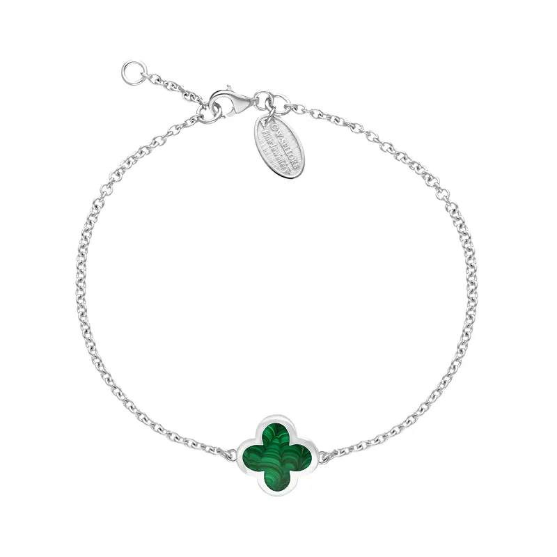 18ct White Gold Malachite Bloom Four Leaf Clover Polished Edge Bracelet