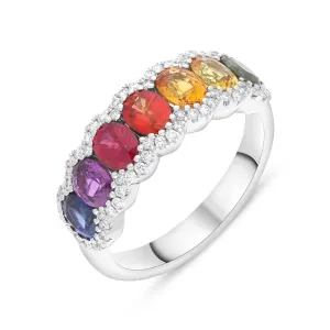 18ct White Gold Rainbow Sapphire Diamond Half Eternity Ring