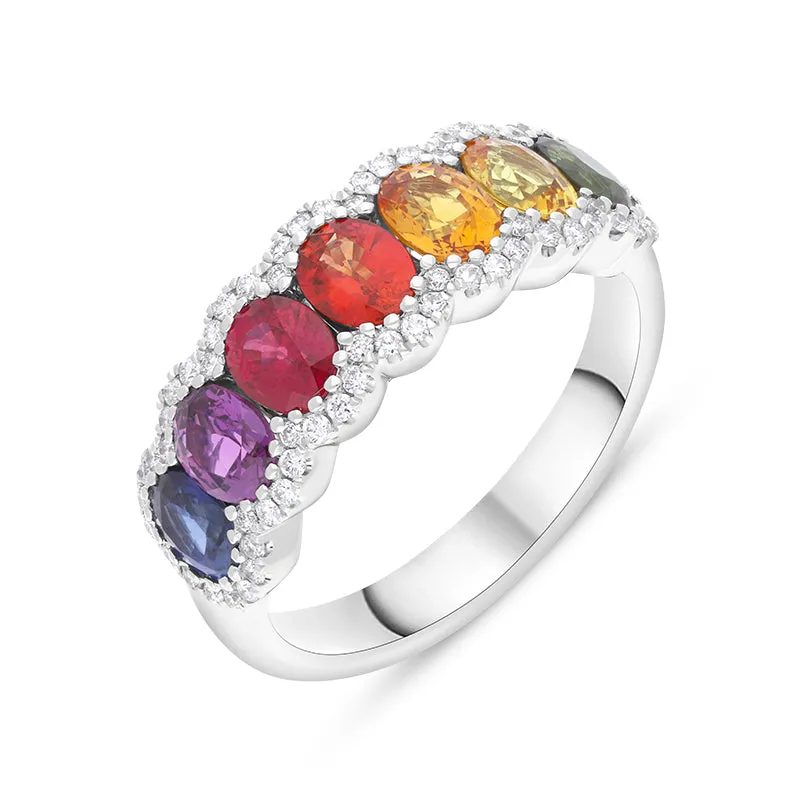18ct White Gold Rainbow Sapphire Diamond Half Eternity Ring