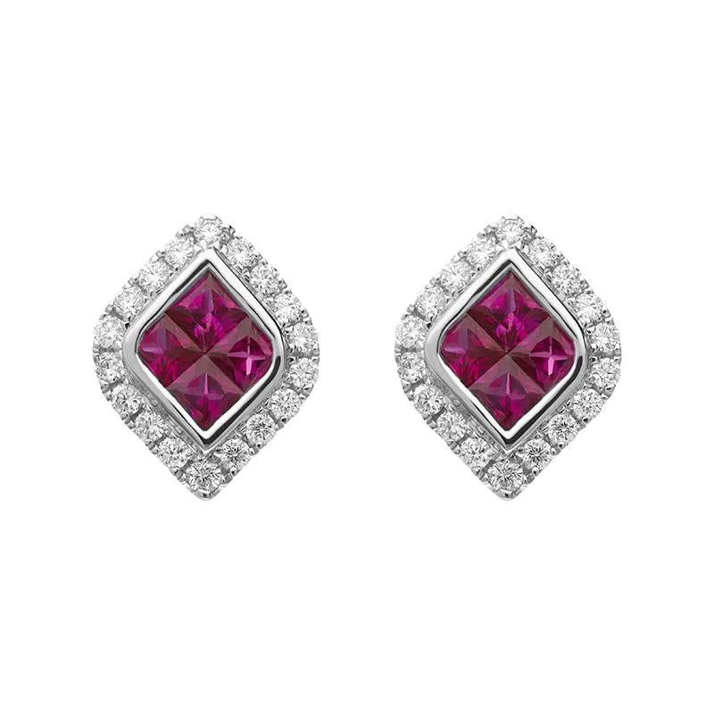 18ct White Gold Ruby Diamond Marquise Cluster Stud Earrings