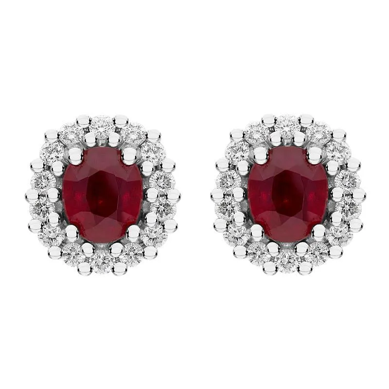 18ct White Gold Ruby Diamond Oval Cluster Earrings