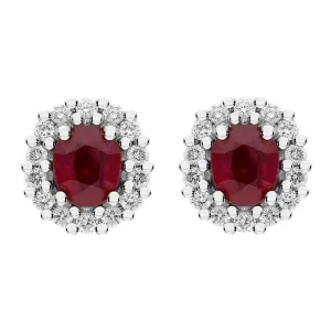 18ct White Gold Ruby Diamond Oval Cluster Earrings
