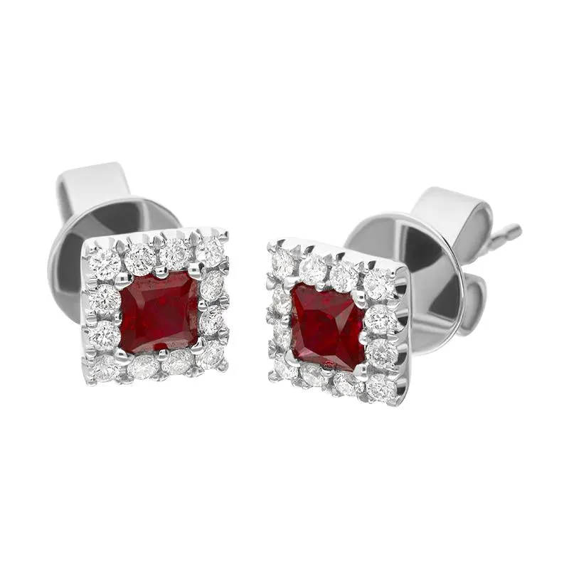 18ct White Gold Ruby Diamond Square Cluster Stud Earrings