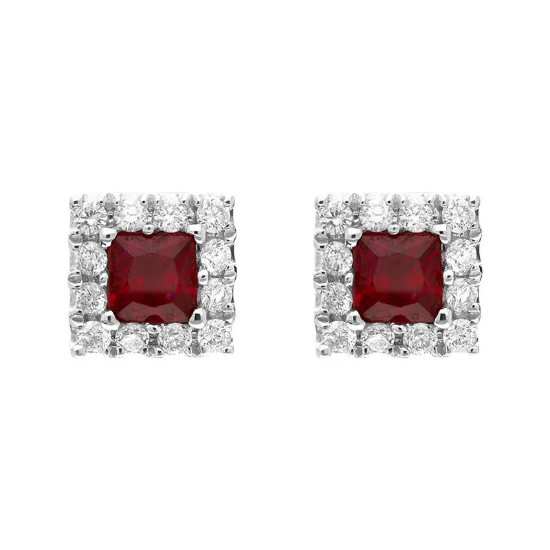 18ct White Gold Ruby Diamond Square Cluster Stud Earrings