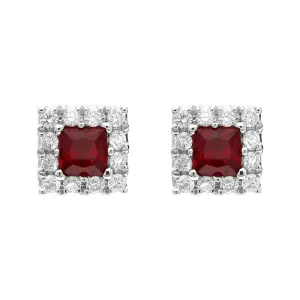 18ct White Gold Ruby Diamond Square Cluster Stud Earrings