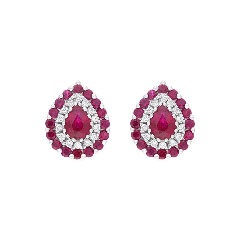 18ct White Gold Ruby Diamond Surround Teardrop Stud Earrings