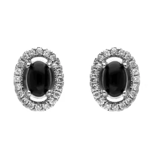 18ct White Gold Whitby Jet 0.18ct Diamond Oval Cluster Earrings